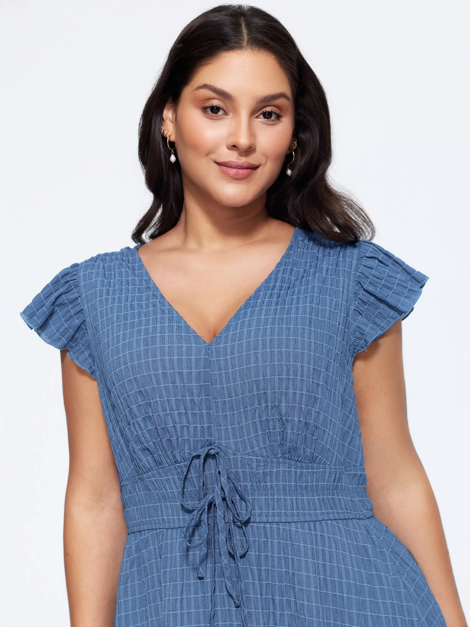 Textured V‑Neck Ruffle Sleeve Shirred Waist Midi Dress sold by Bloomchic product image thumbnail 2
