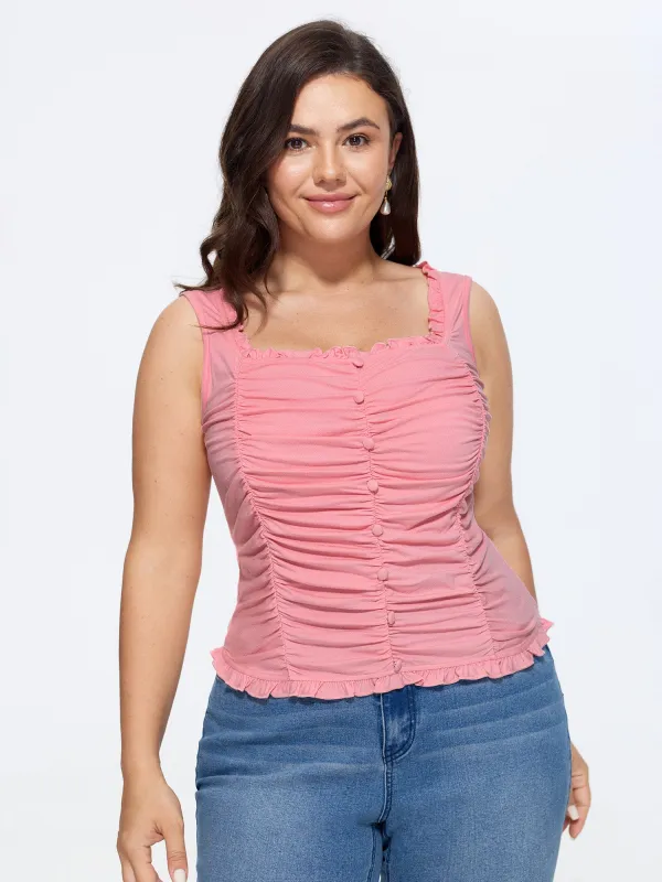 Stretchy Square Neck Ruffle Trim Ruched Tank Top made by Bloomchic