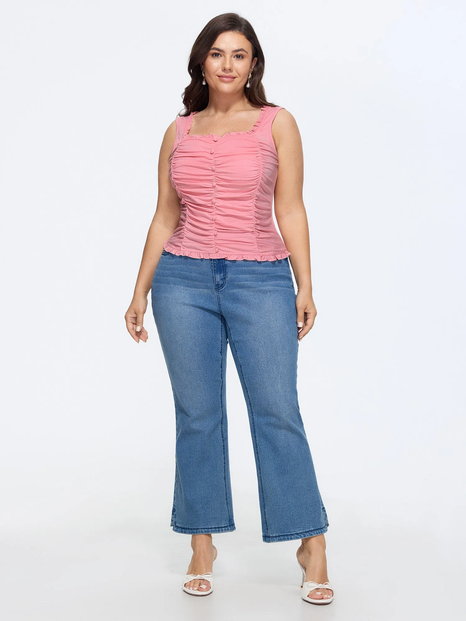 Stretchy Square Neck Ruffle Trim Ruched Tank Top sold by Bloomchic product image thumbnail 3
