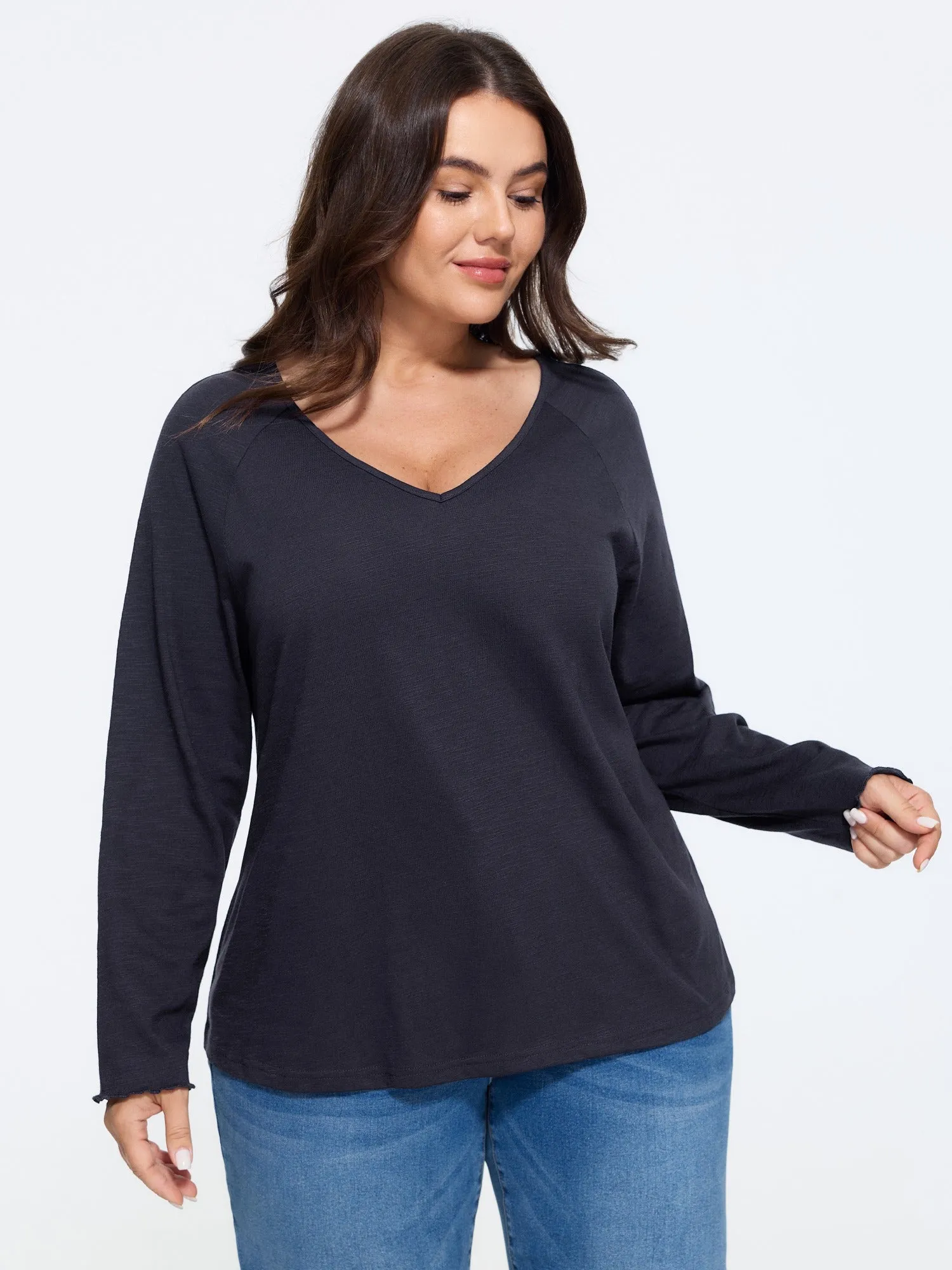 Textured V‑Neck Raglan Long Sleeve Basic T-Shirt sold by Bloomchic product image thumbnail 2