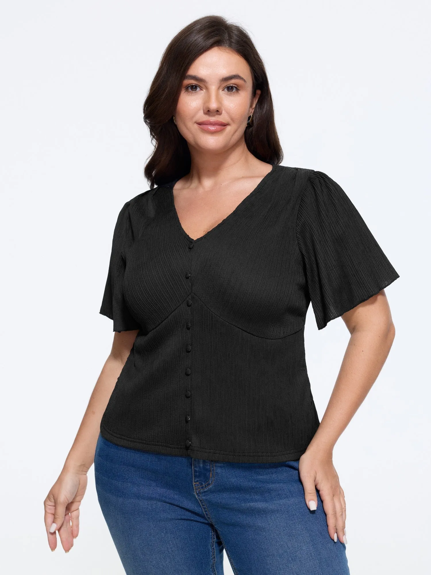 Textured V‑Neck Button Front Ruffled Sleeve Blouse sold by Bloomchic product image thumbnail 2