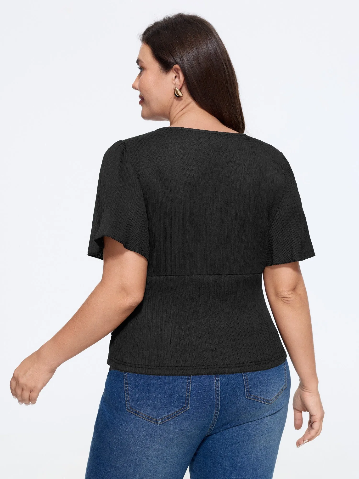Textured V‑Neck Button Front Ruffled Sleeve Blouse sold by Bloomchic product image thumbnail 3