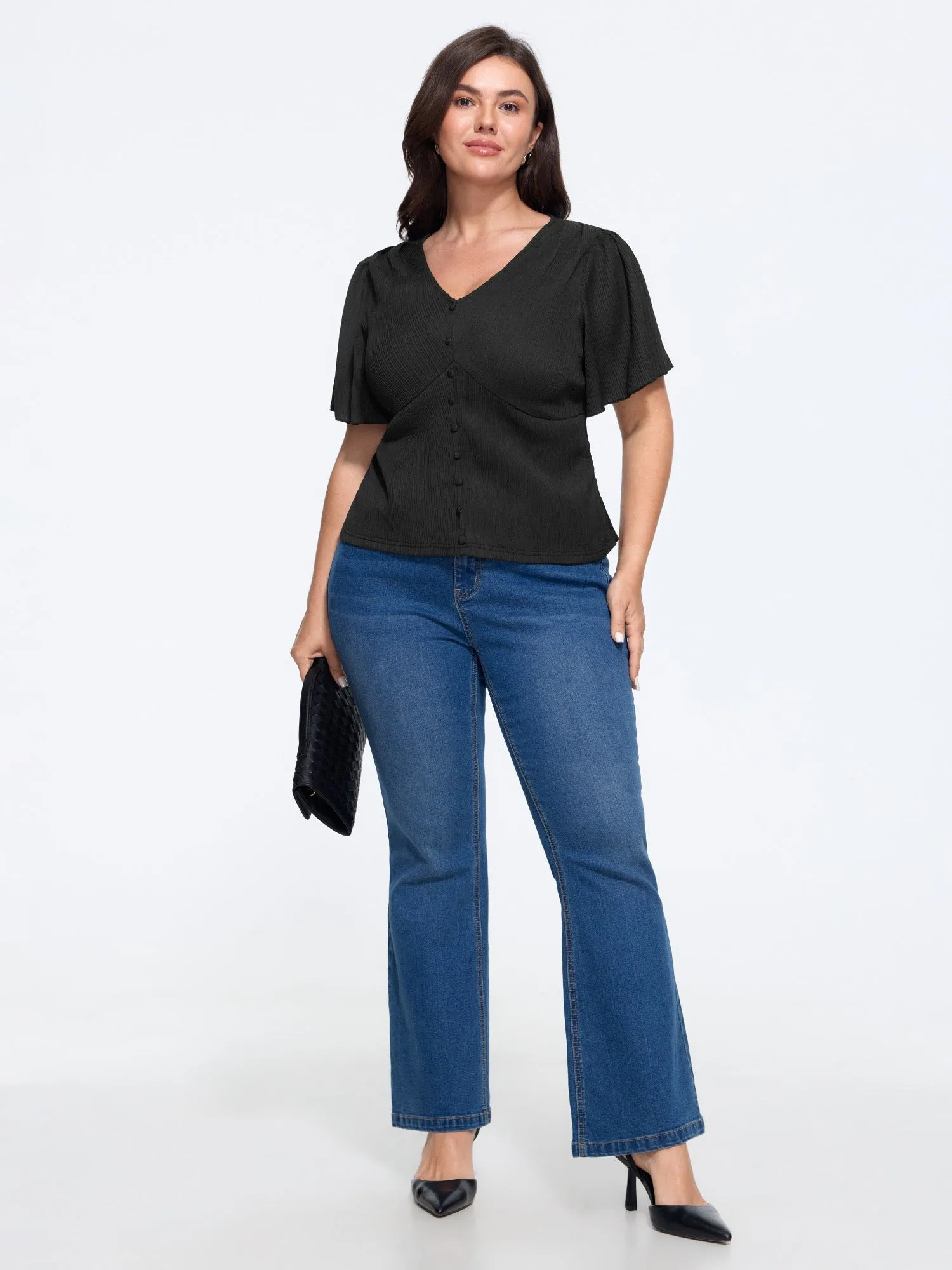 Textured V‑Neck Button Front Ruffled Sleeve Blouse sold by Bloomchic product image thumbnail 4