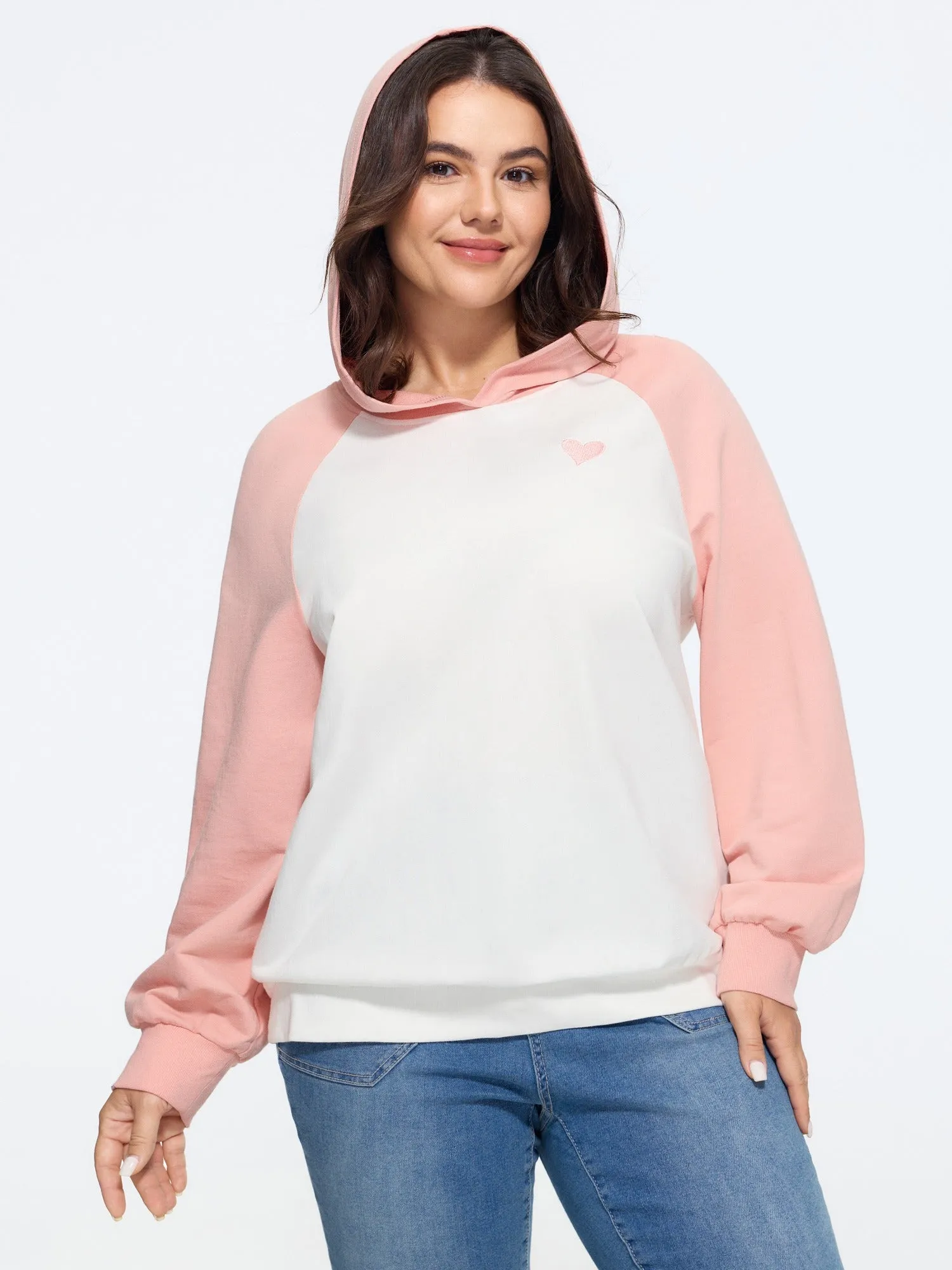 Cotton Color‑Block Heart Embroidered Hoodie Sweatshirt sold by Bloomchic product image thumbnail 5