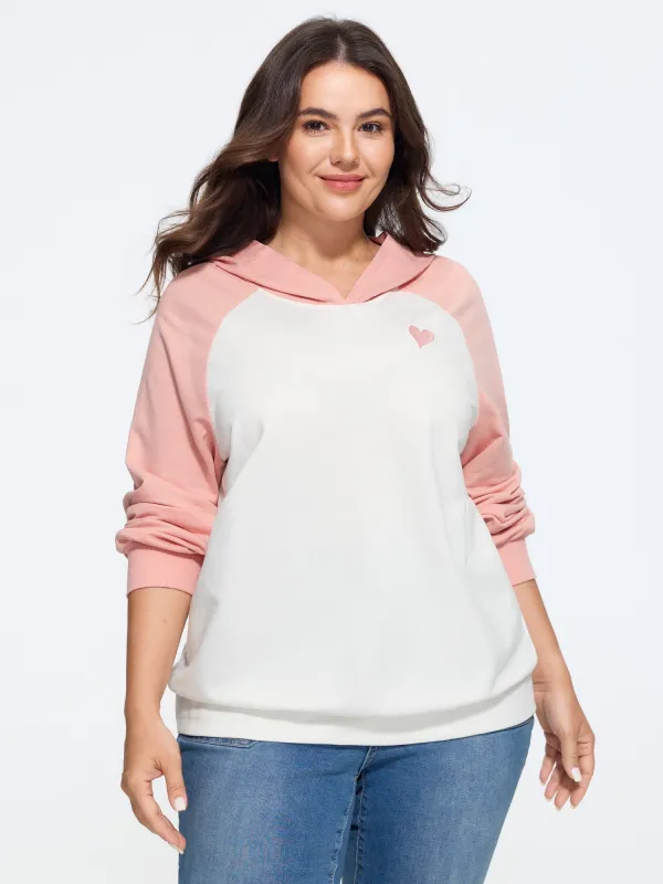Cotton Color‑Block Heart Embroidered Hoodie Sweatshirt made by Bloomchic