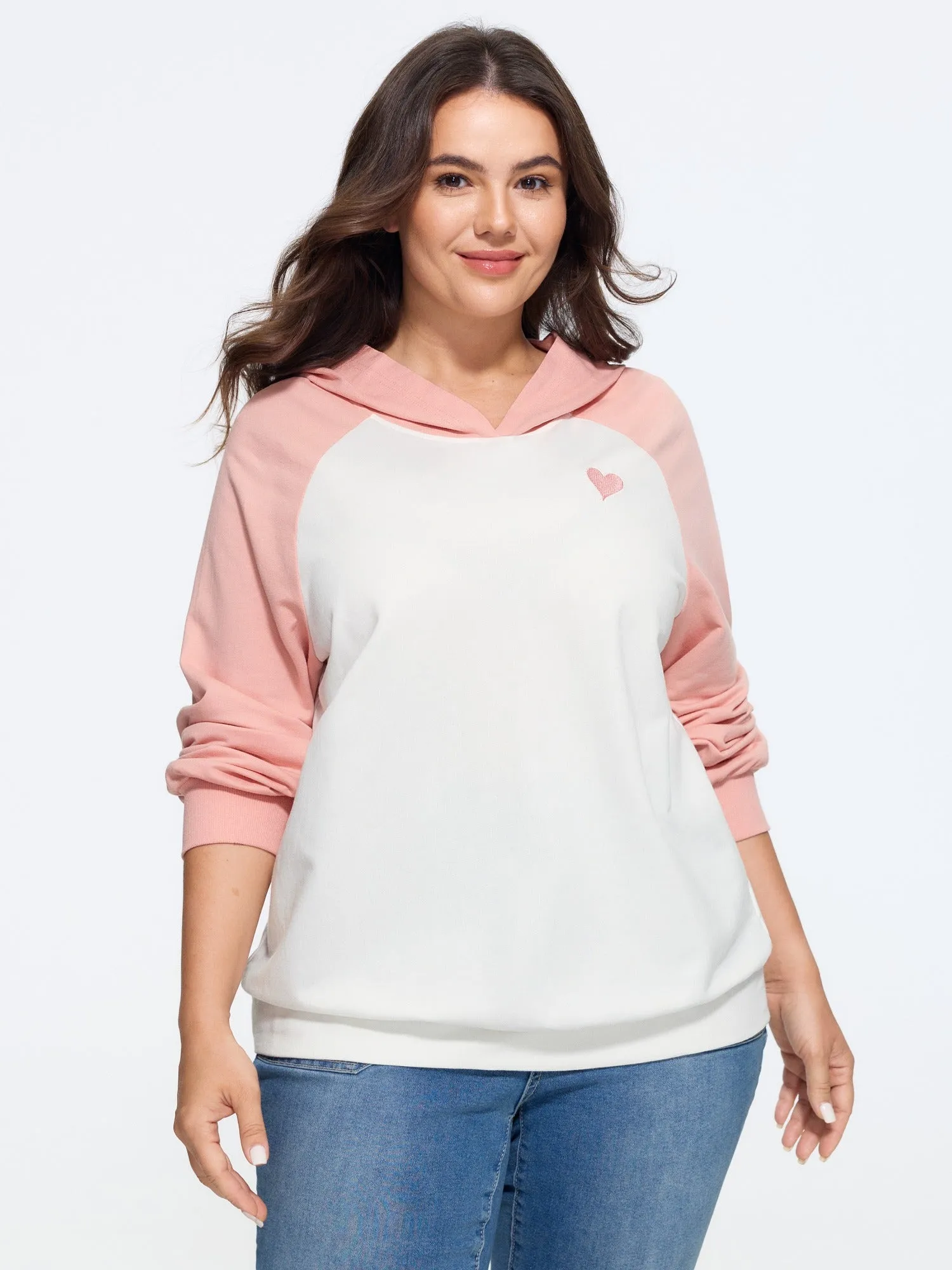 Cotton Color‑Block Heart Embroidered Hoodie Sweatshirt sold by Bloomchic