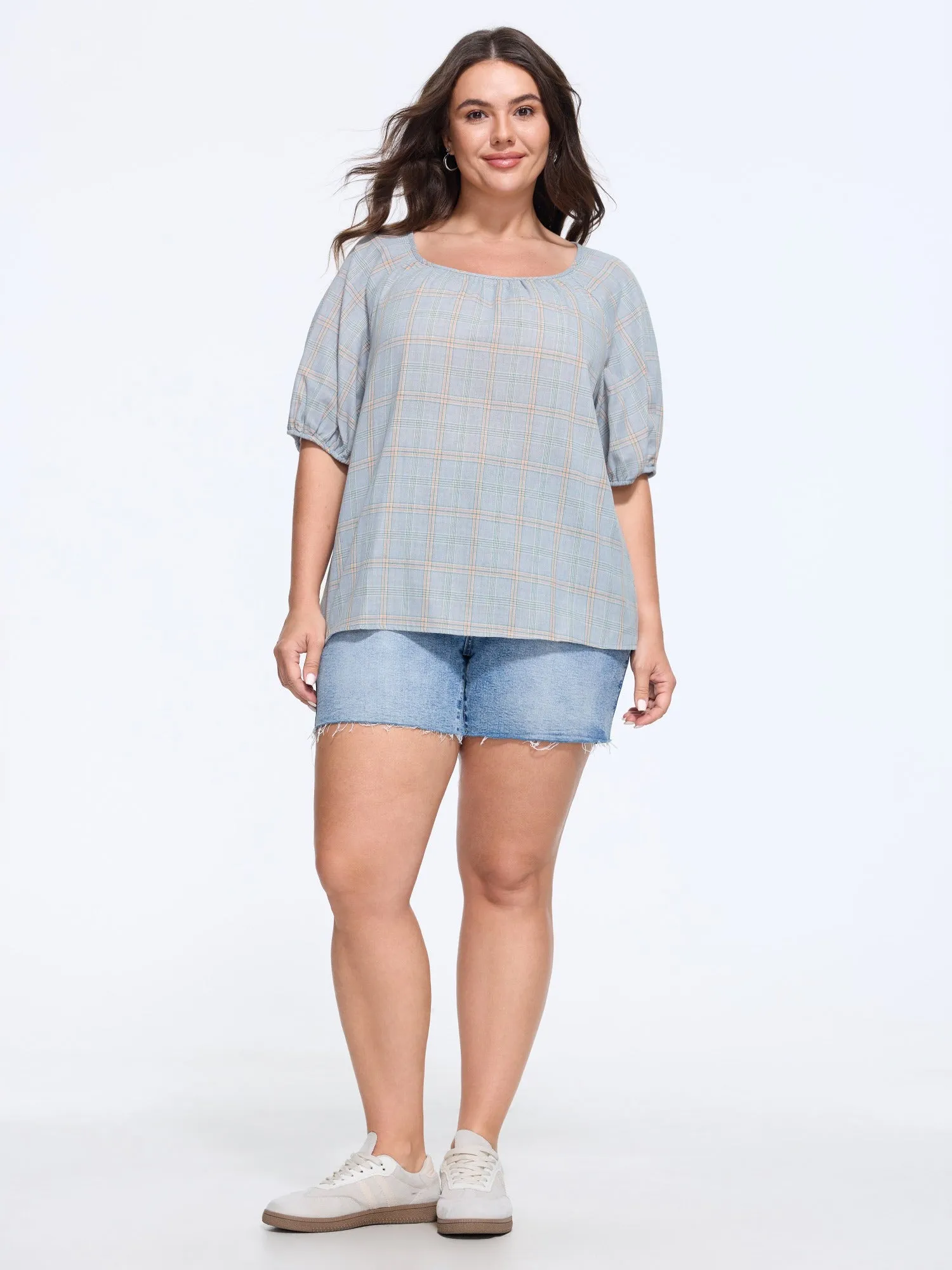 Cotton Plaid Print Gathered Puff Sleeve Loose Blouse sold by Bloomchic product image thumbnail 4