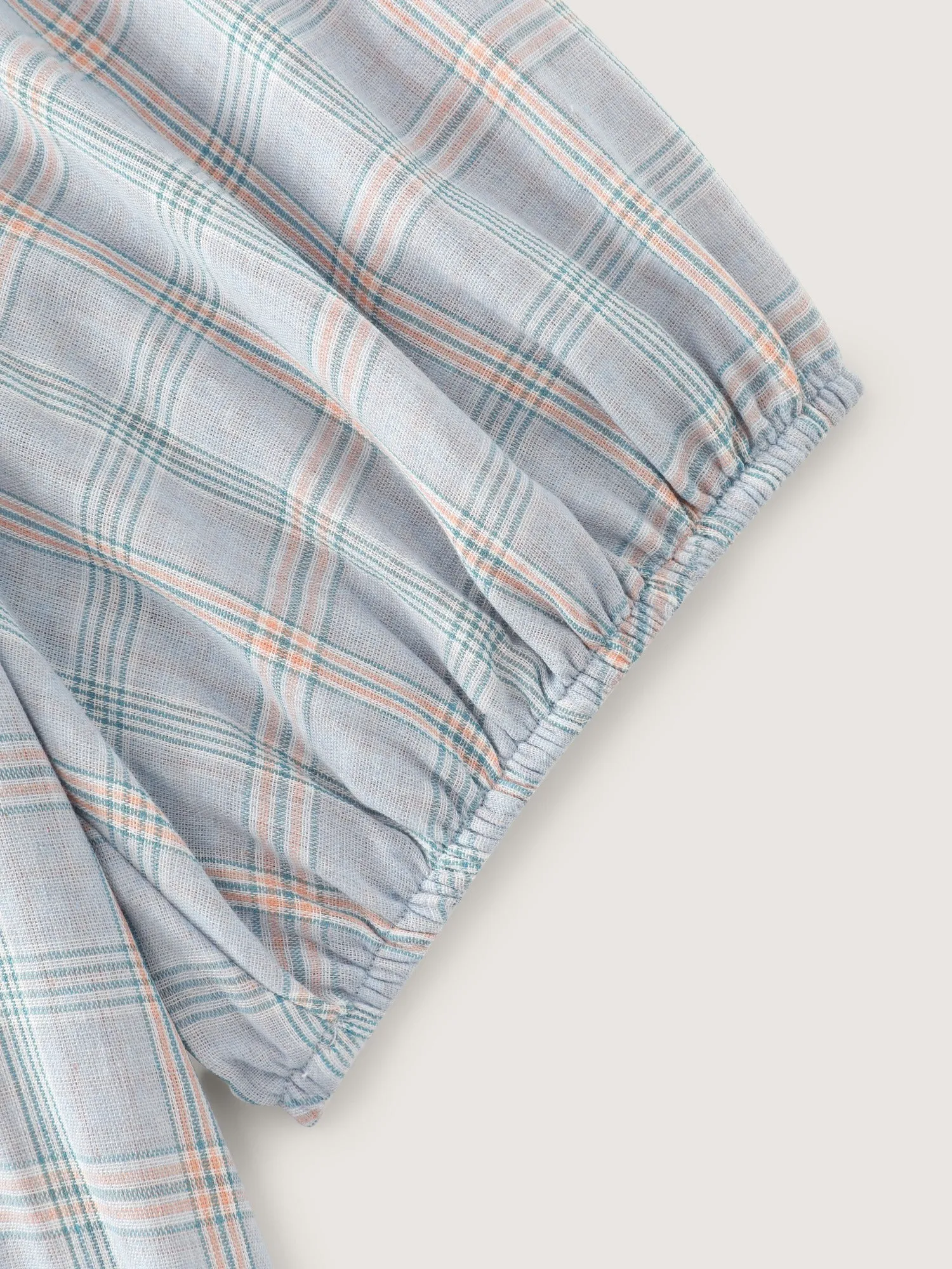 Cotton Plaid Print Gathered Puff Sleeve Loose Blouse sold by Bloomchic product image thumbnail 5