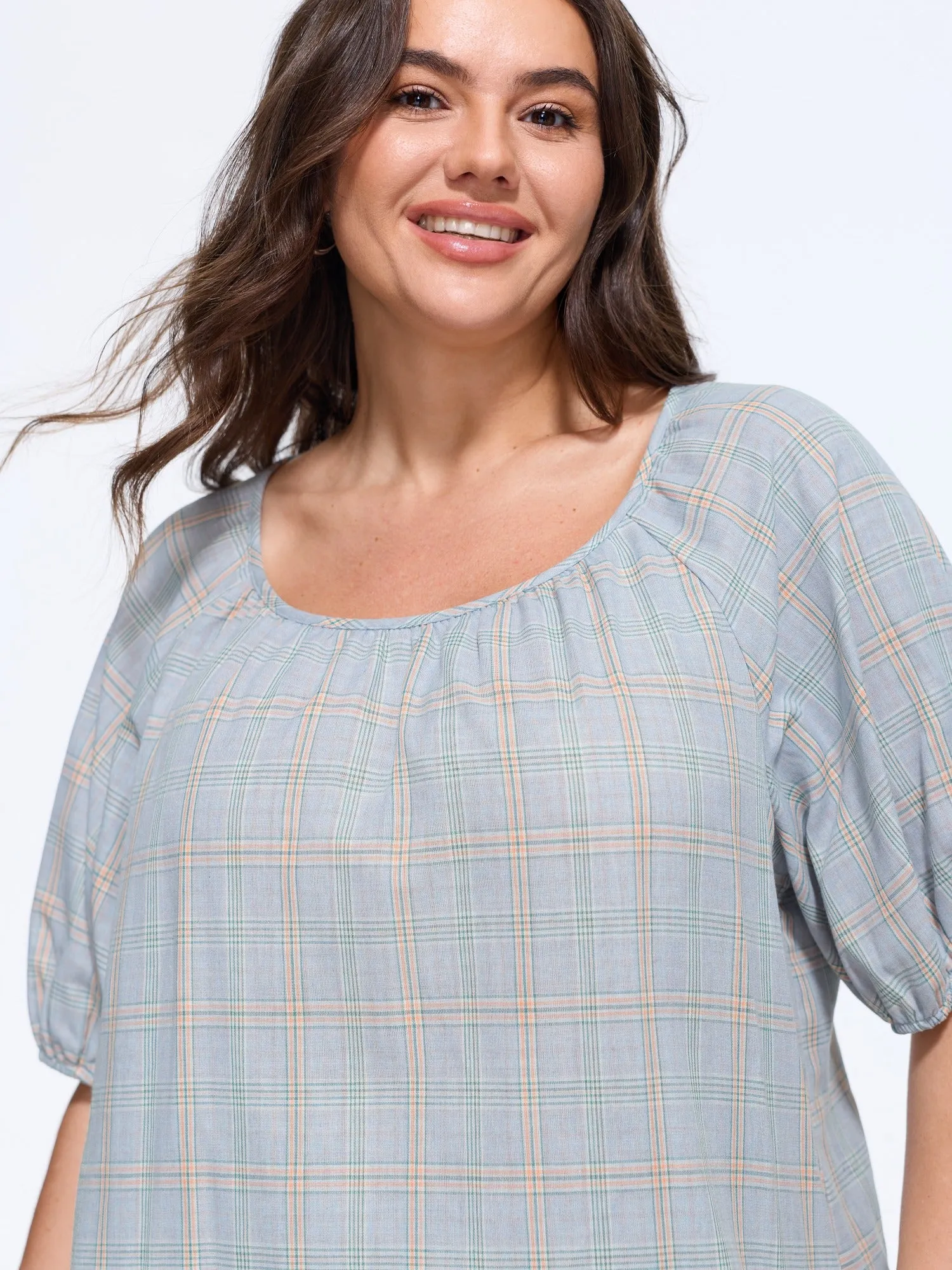 Cotton Plaid Print Gathered Puff Sleeve Loose Blouse sold by Bloomchic product image thumbnail 2
