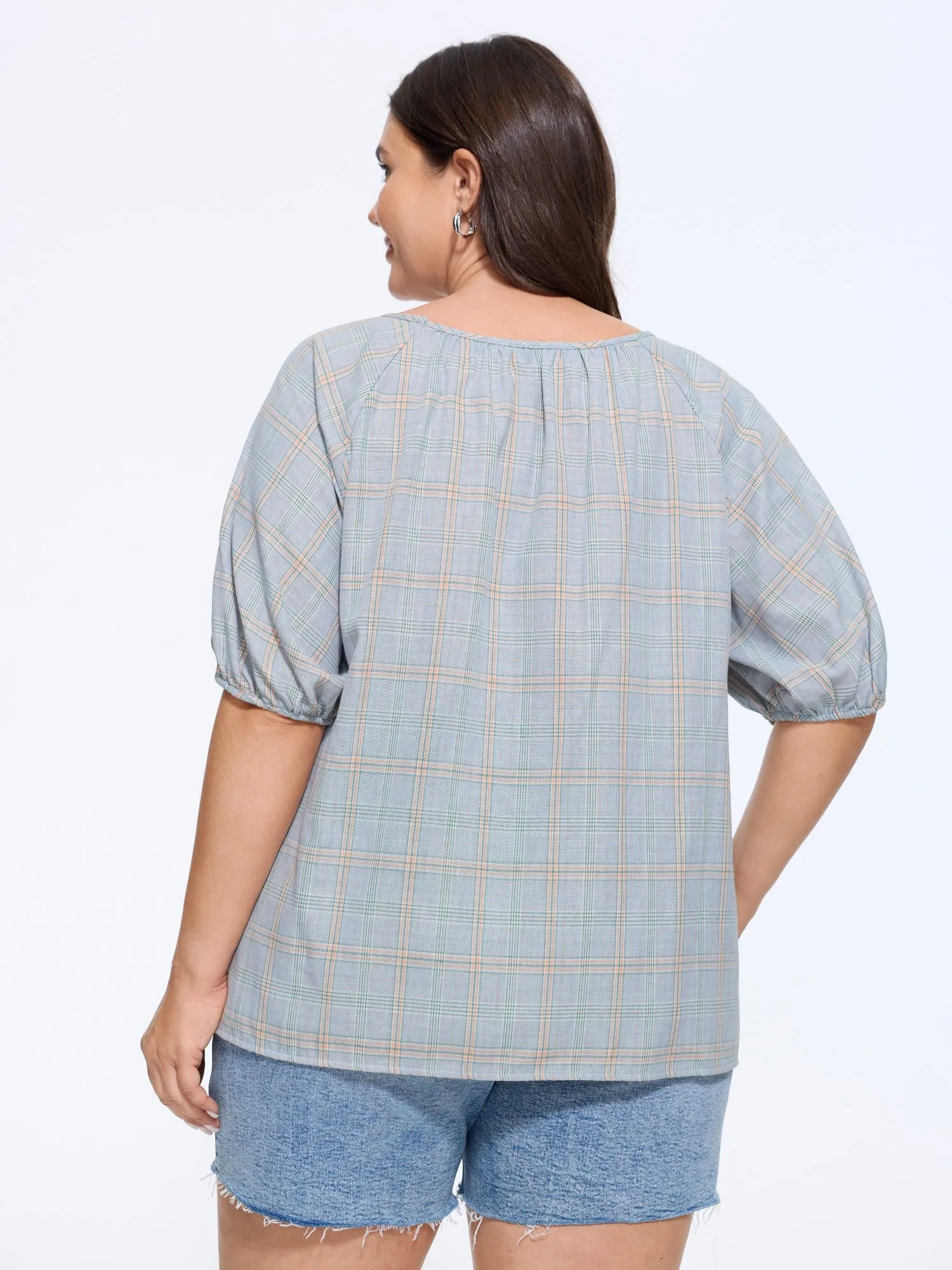 Cotton Plaid Print Gathered Puff Sleeve Loose Blouse sold by Bloomchic product image thumbnail 3