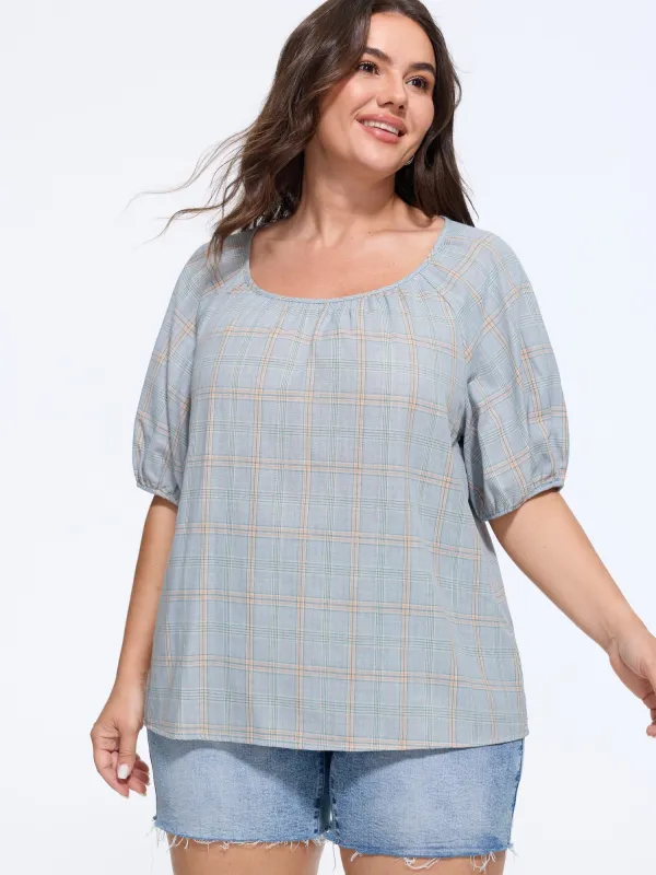 Cotton Plaid Print Gathered Puff Sleeve Loose Blouse made by Bloomchic