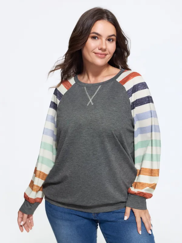 Supersoft Colorful Striped Sleeve Criss‑Cross Stitch Sweatshirt made by Bloomchic
