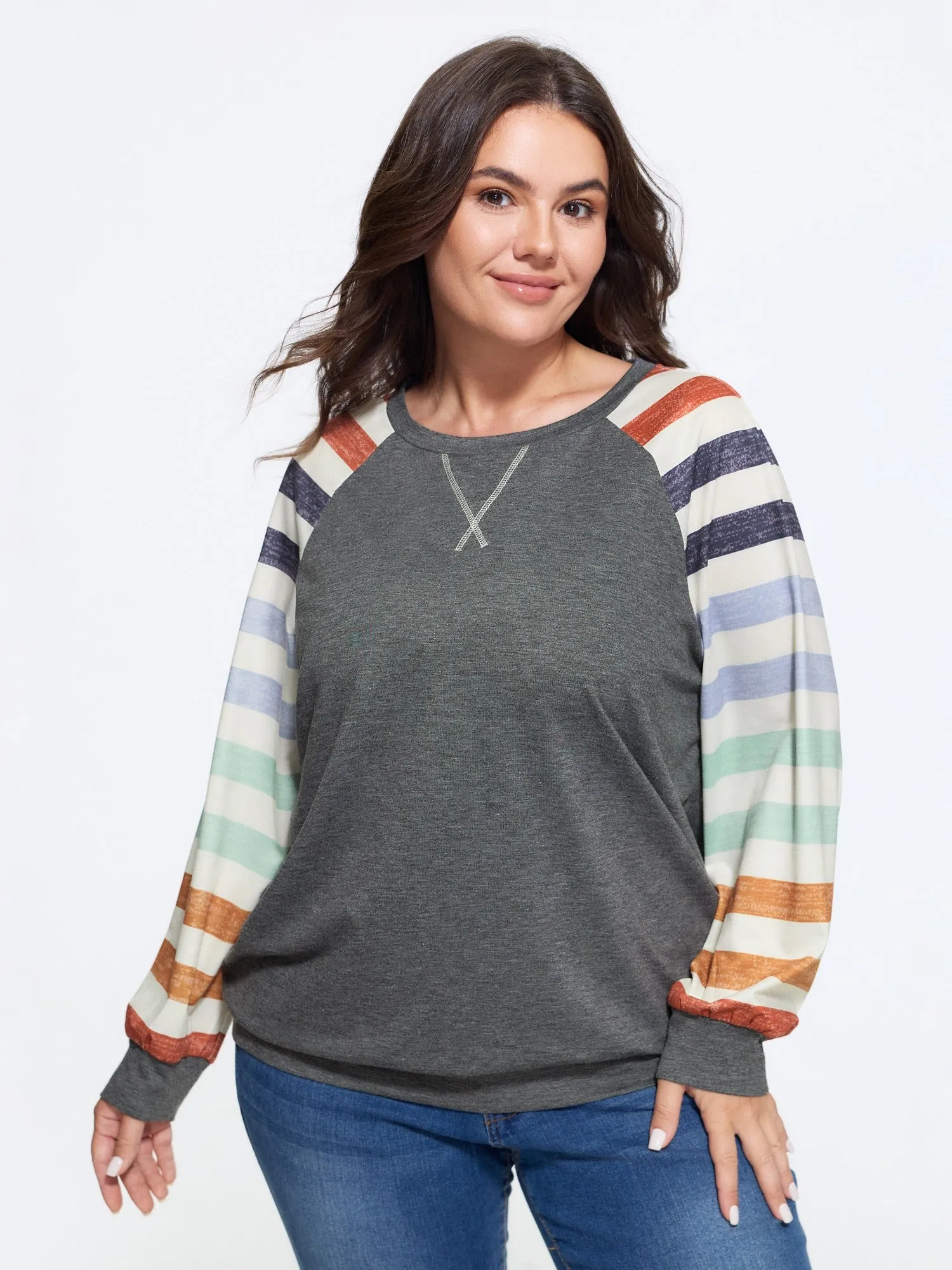Supersoft Colorful Striped Sleeve Criss‑Cross Stitch Sweatshirt sold by Bloomchic