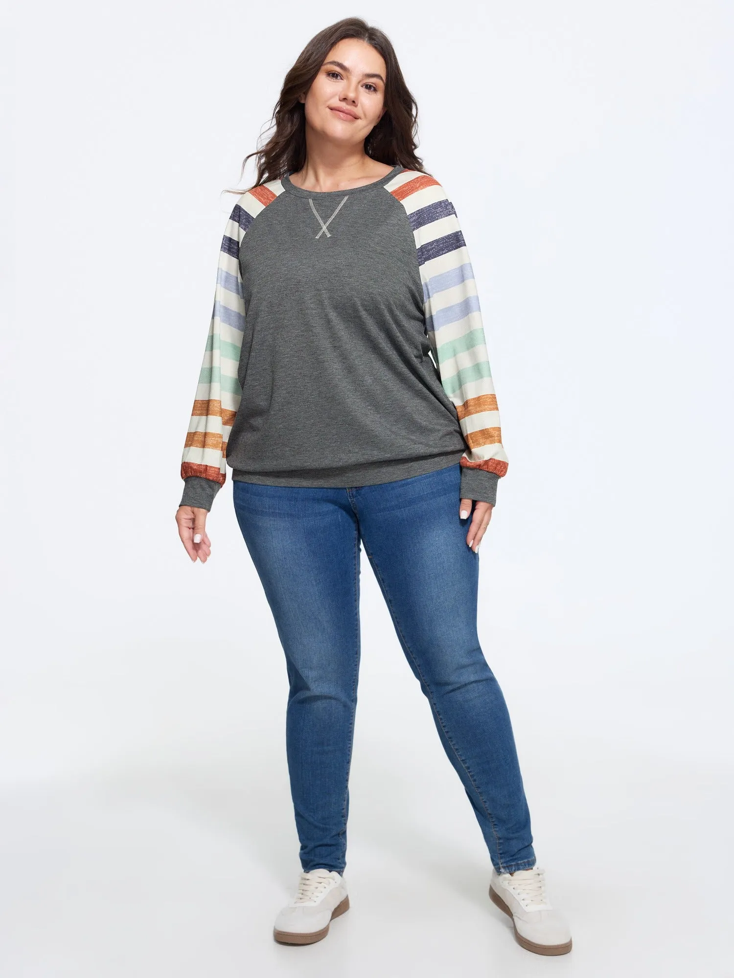 Supersoft Colorful Striped Sleeve Criss‑Cross Stitch Sweatshirt sold by Bloomchic product image thumbnail 4