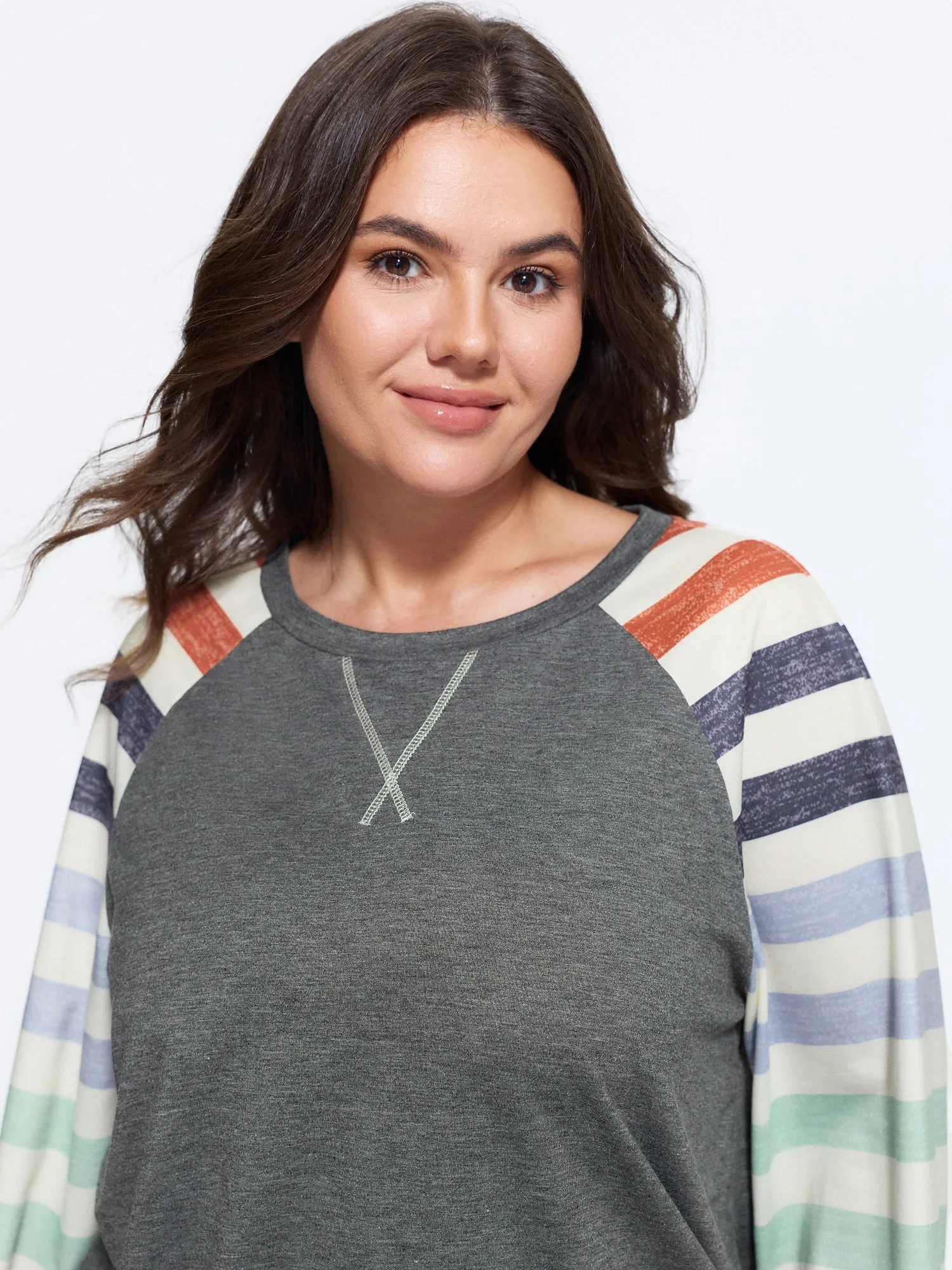 Supersoft Colorful Striped Sleeve Criss‑Cross Stitch Sweatshirt sold by Bloomchic product image thumbnail 2