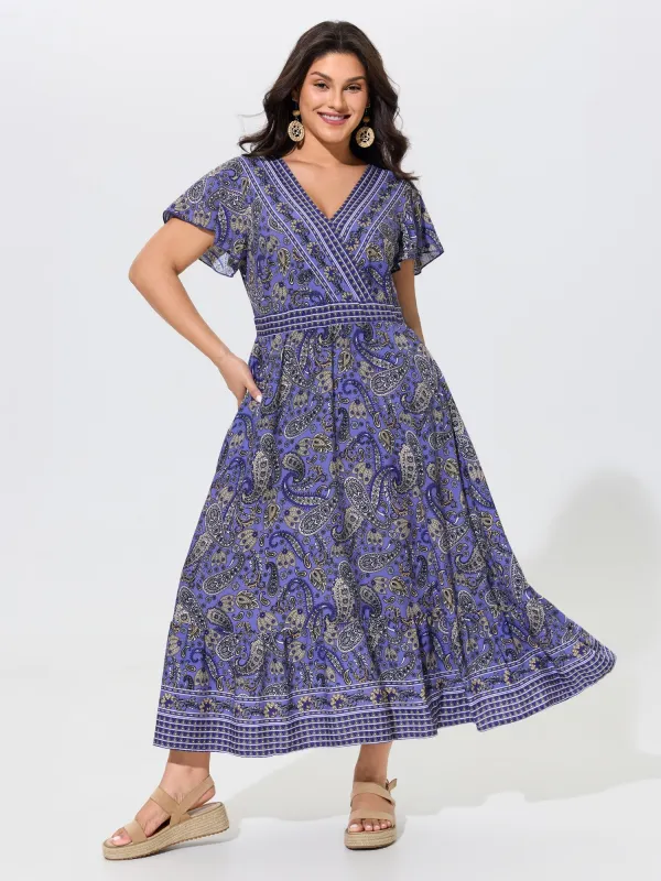 Paisley Print V‑Neck Tiered Maxi Dress made by Bloomchic