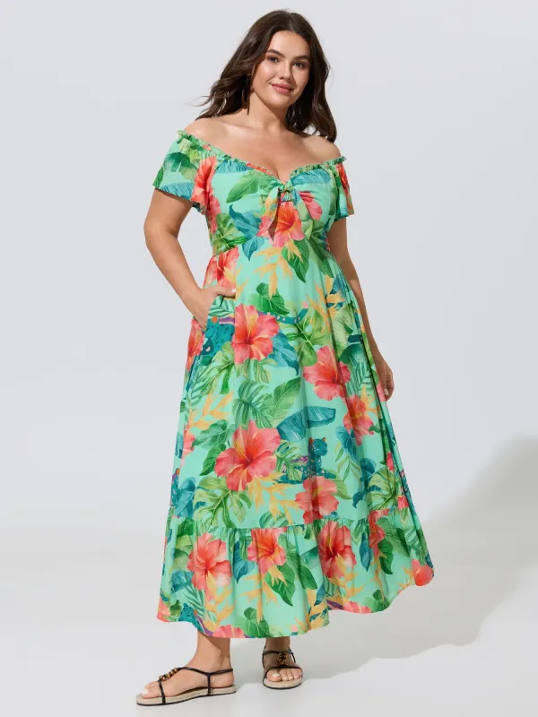 Tropical Floral Print Tie Front Ruffle Maxi Dress made by Bloomchic