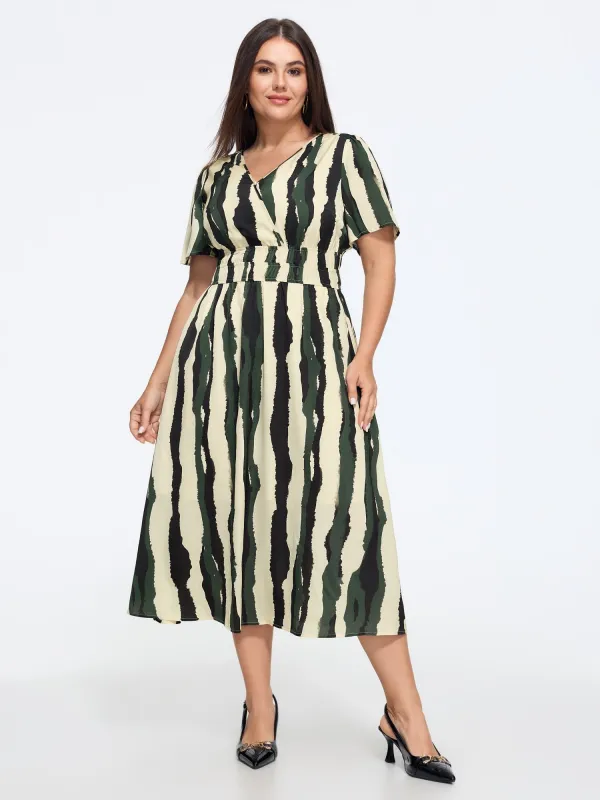 Stripe Print Wrap Neck Shirred Waist Midi Dress made by Bloomchic