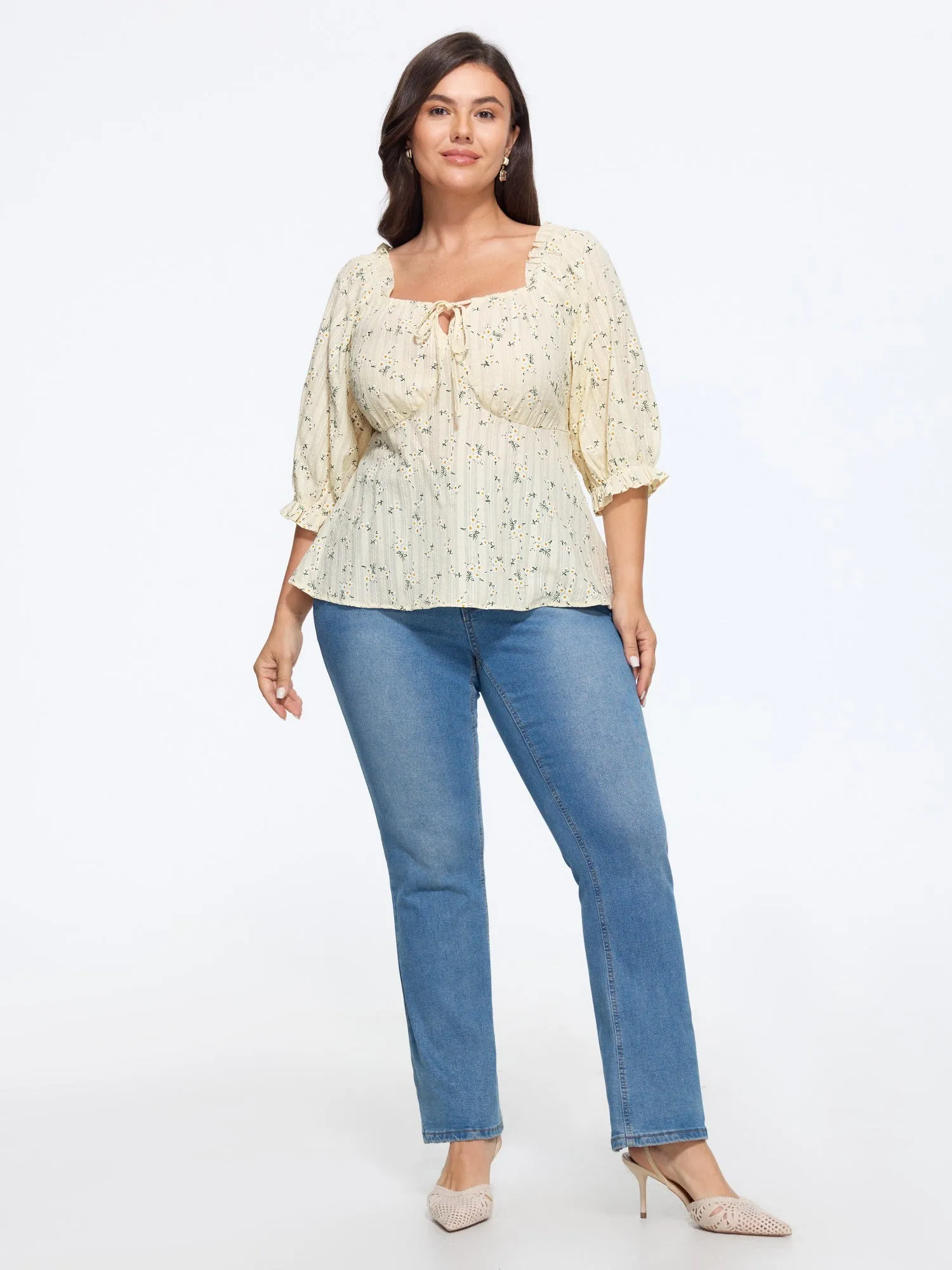 Cotton Ditsy Floral Print Square Neck Tie Front Blouse sold by Bloomchic product image thumbnail 4