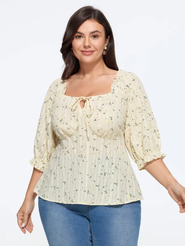 Cotton Ditsy Floral Print Square Neck Tie Front Blouse made by Bloomchic