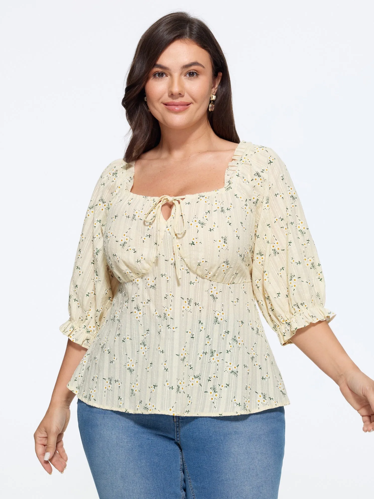 Cotton Ditsy Floral Print Square Neck Tie Front Blouse sold by Bloomchic
