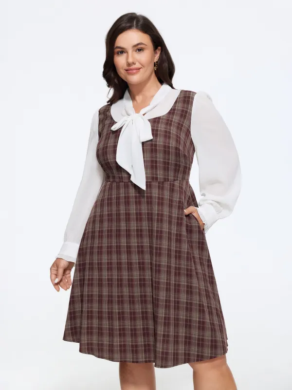Vintage Plaid Bow Tie Neck Patchwork Mini Dress made by Bloomchic