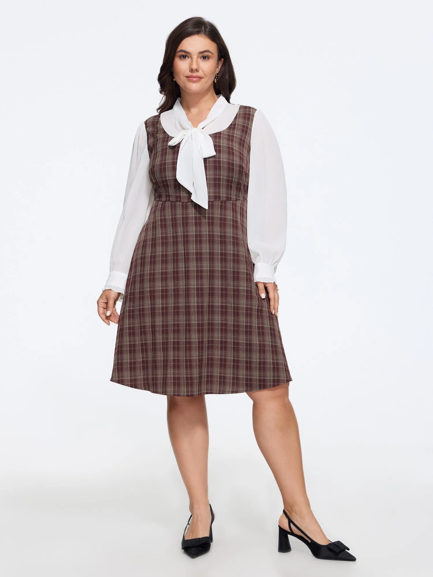 Vintage Plaid Bow Tie Neck Patchwork Mini Dress sold by Bloomchic product image thumbnail 4