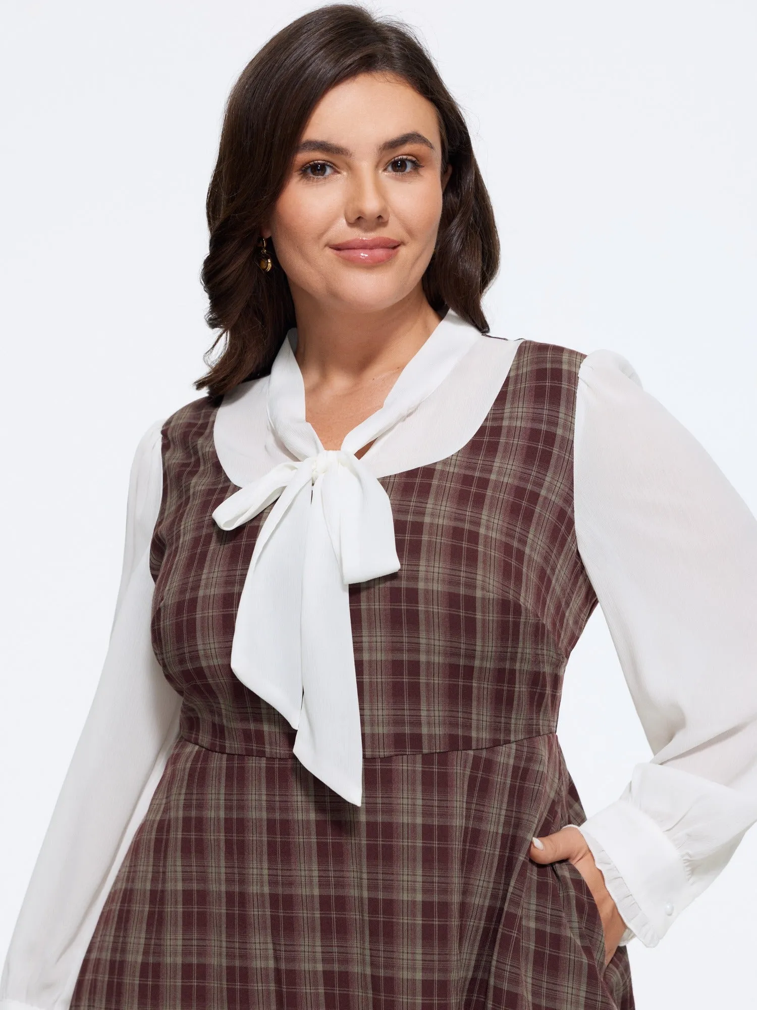 Vintage Plaid Bow Tie Neck Patchwork Mini Dress sold by Bloomchic product image thumbnail 2