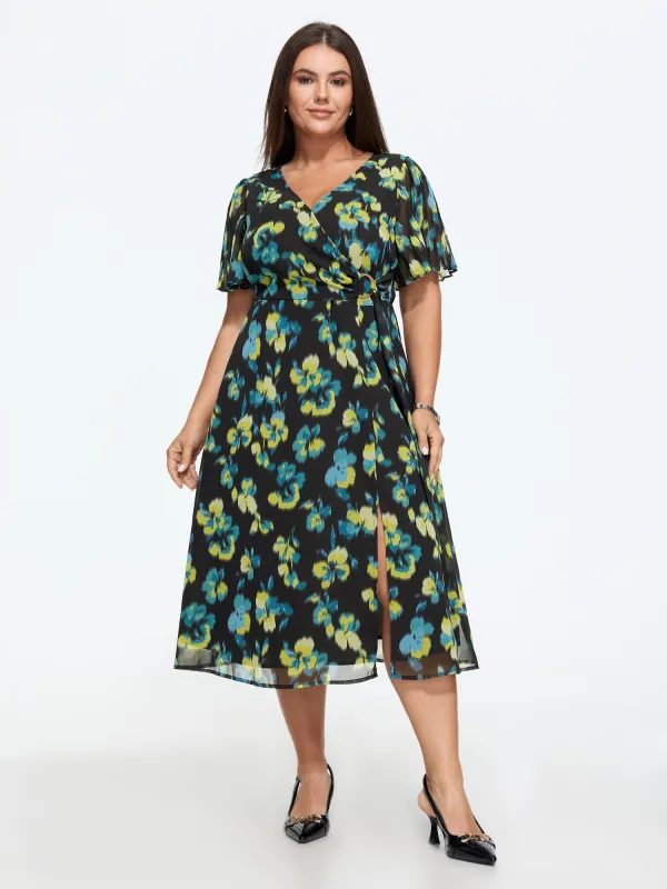 Floral Print Tie Waist Side Slit Midi Dress made by Bloomchic