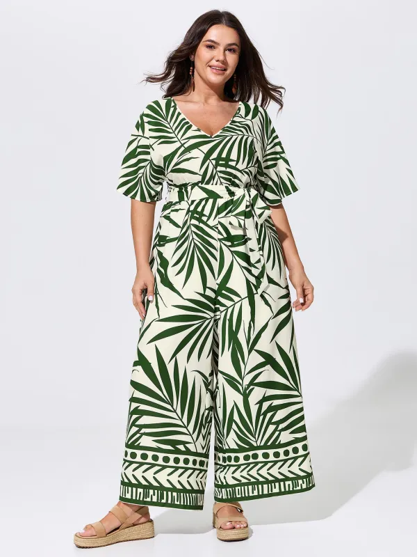 Tropical Leaf Print Tie Waist Wide Leg Jumpsuit made by Bloomchic