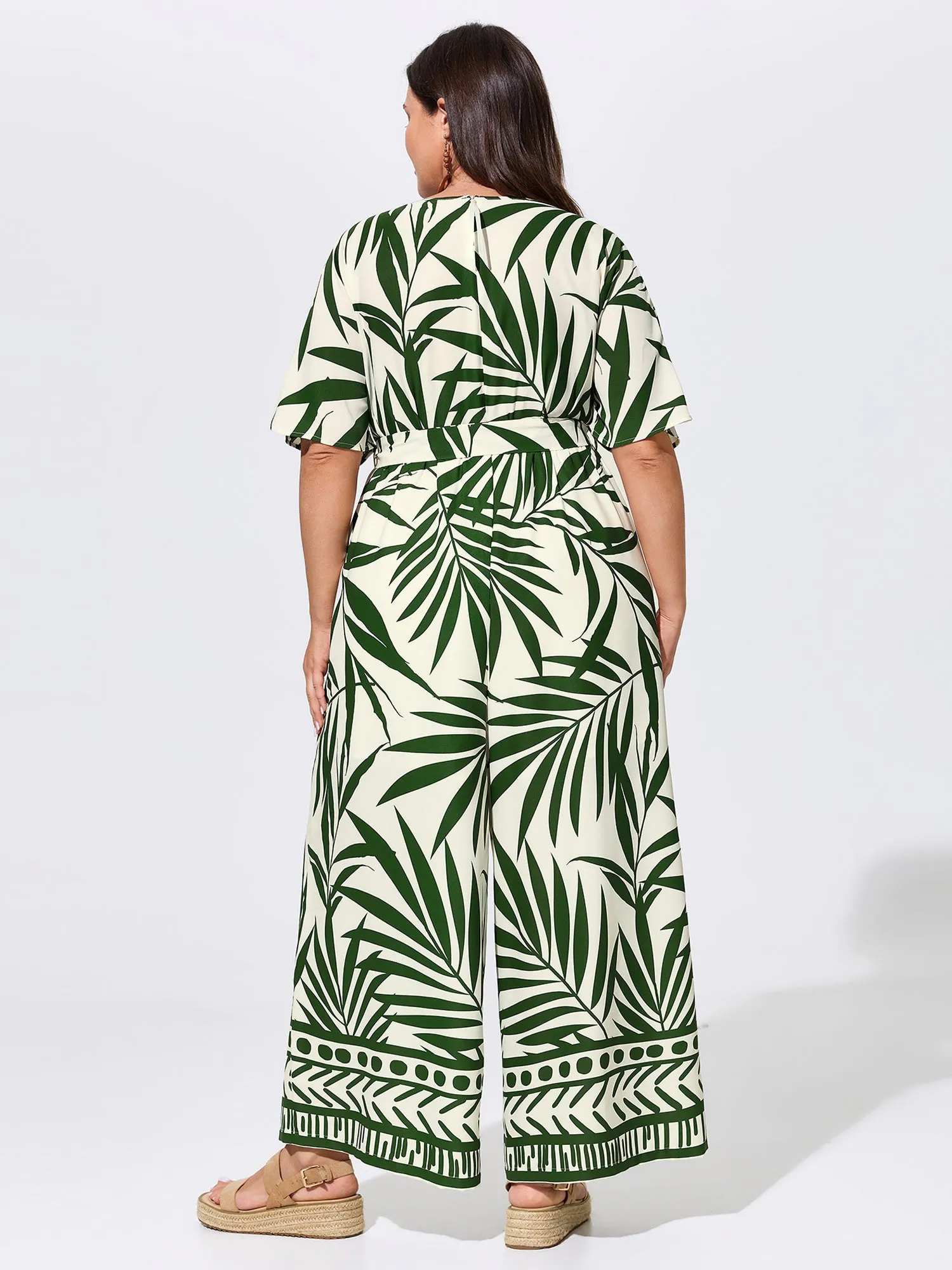 Tropical Leaf Print Tie Waist Wide Leg Jumpsuit sold by Bloomchic product image thumbnail 4
