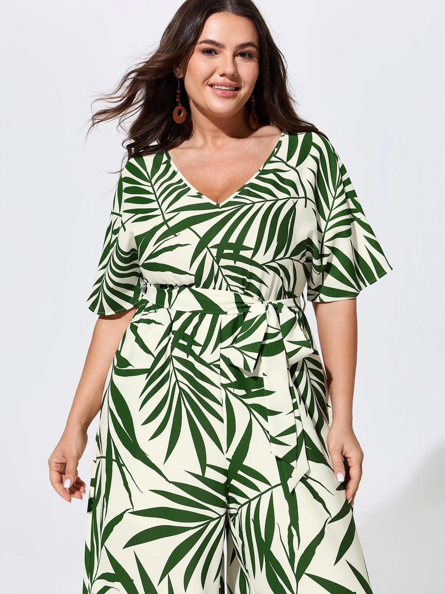 Tropical Leaf Print Tie Waist Wide Leg Jumpsuit sold by Bloomchic product image thumbnail 3