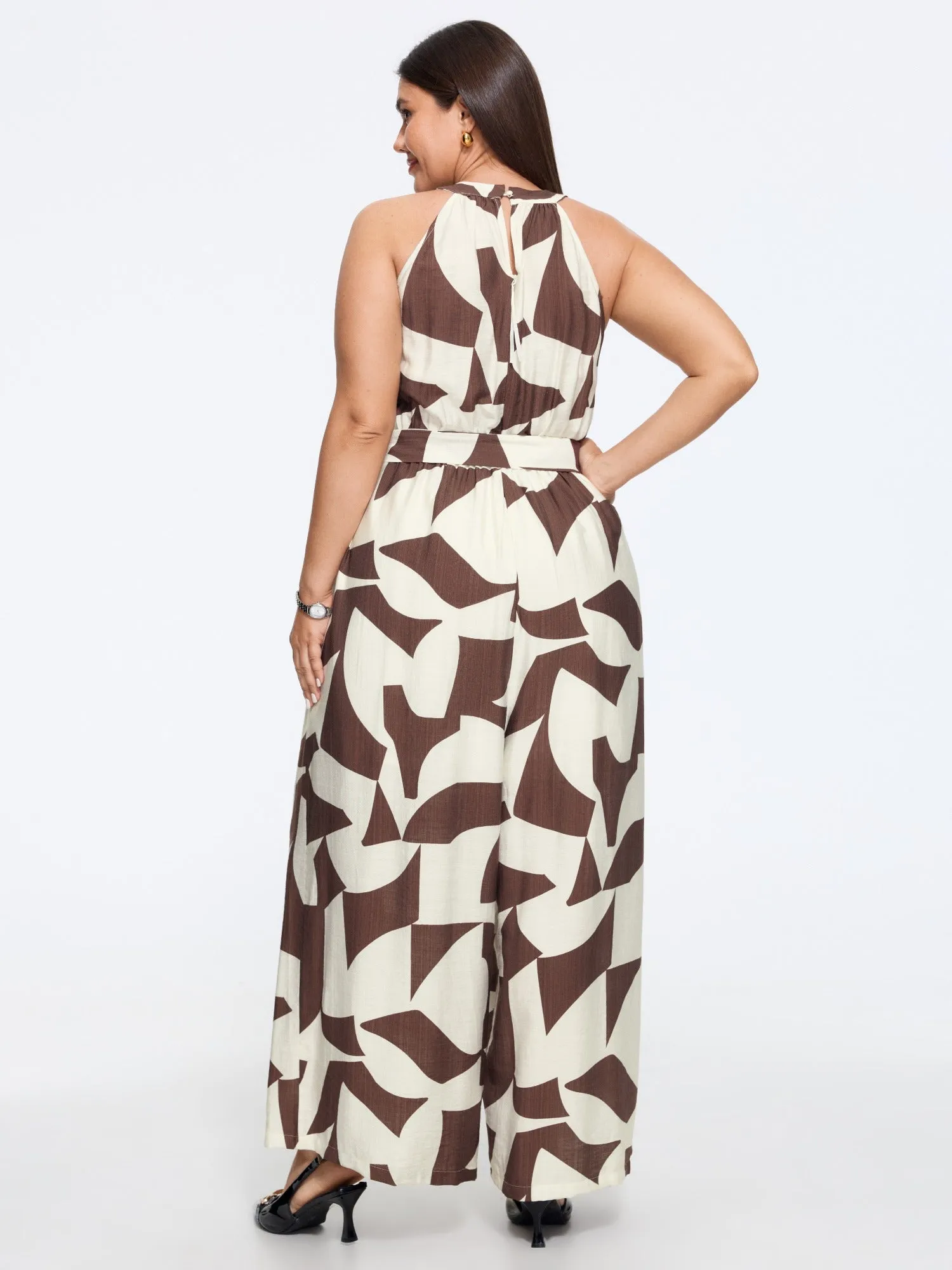 Geometric Print Halter Neck Tie Waist Wide Leg Jumpsuit sold by Bloomchic product image thumbnail 3