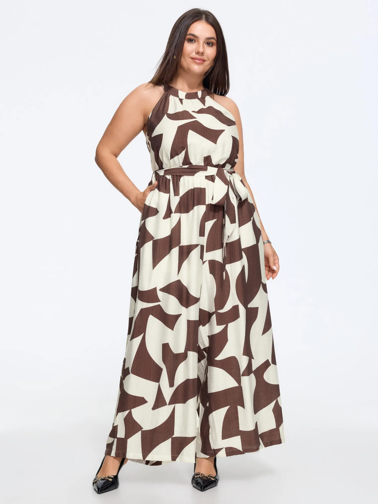 Geometric Print Halter Neck Tie Waist Wide Leg Jumpsuit sold by Bloomchic