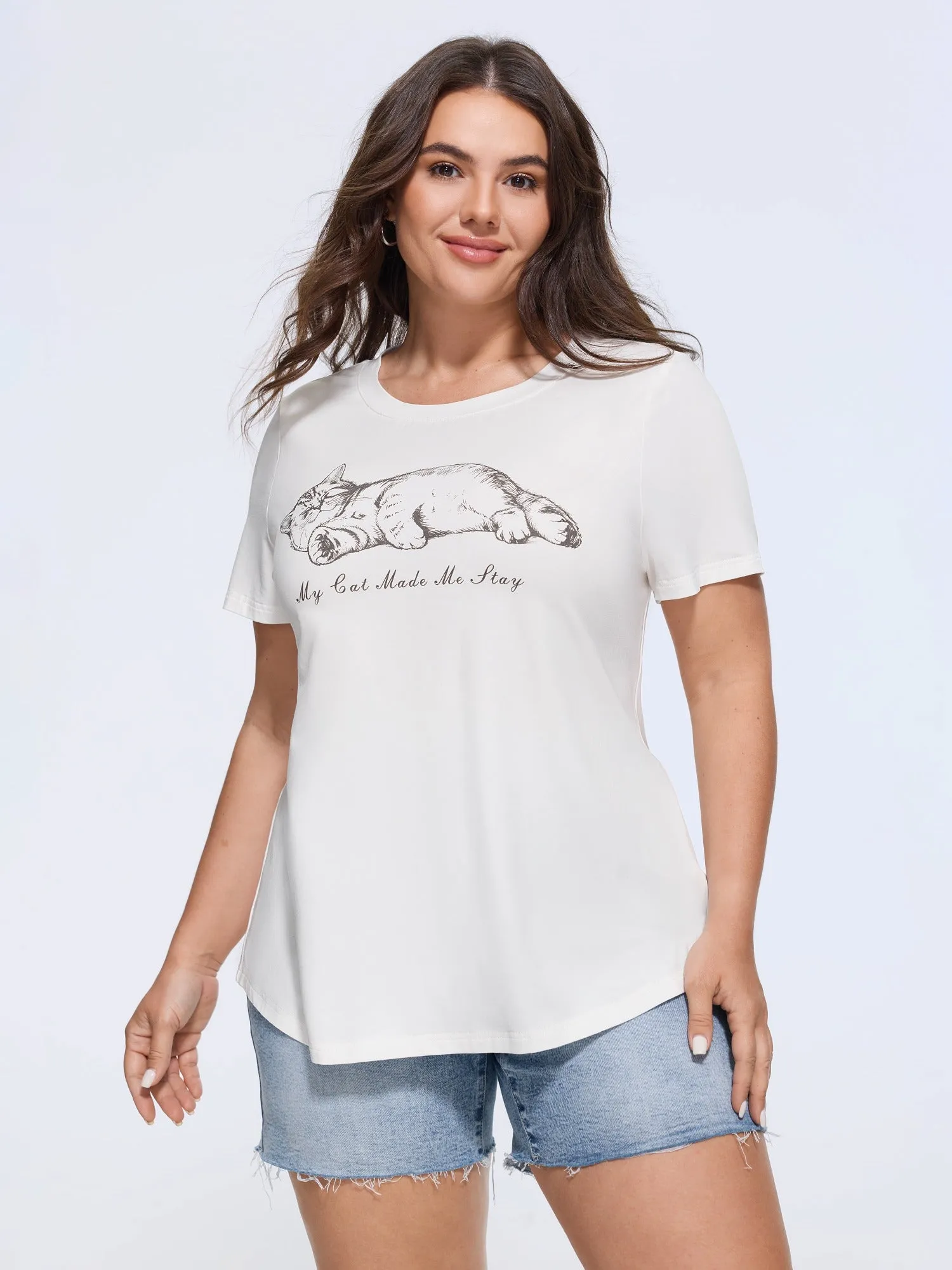 Cotton Cat Print Crew Neck Casual T‑Shirt sold by Bloomchic product image thumbnail 2