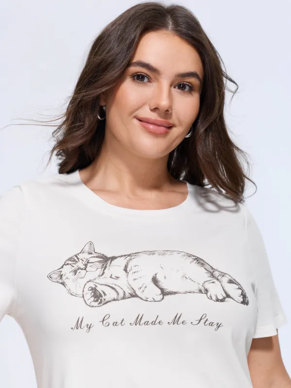 Cotton Cat Print Crew Neck Casual T‑Shirt made by Bloomchic