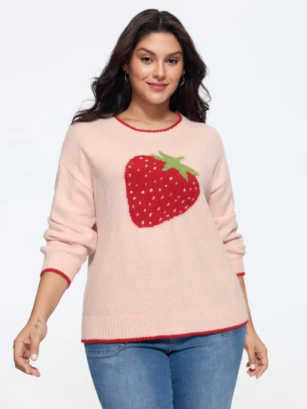 Strawberry Jacquard Contrast Trim Pullover made by Bloomchic