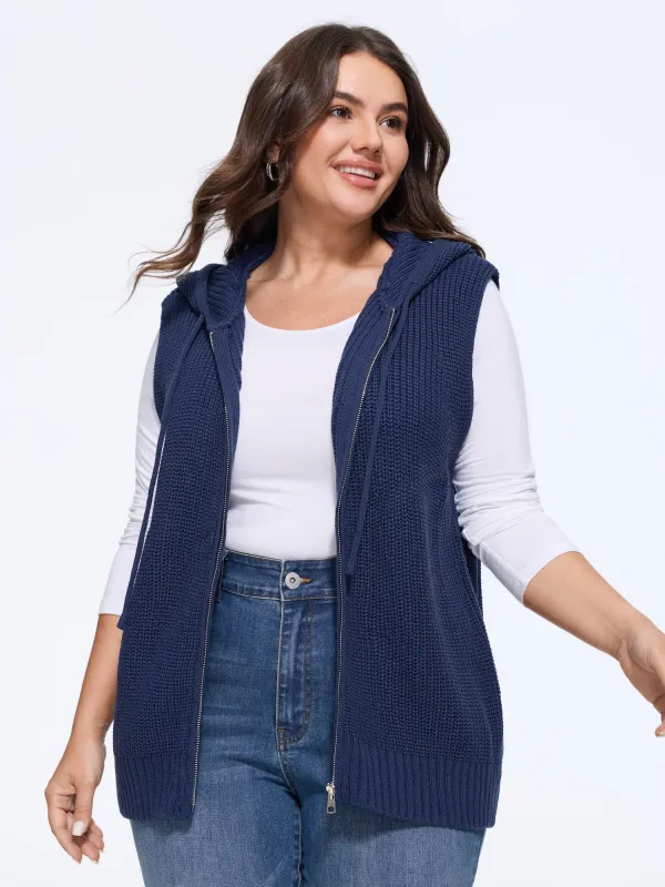 Textured Full Zip Drawstring Hooded Sweater Vest made by Bloomchic