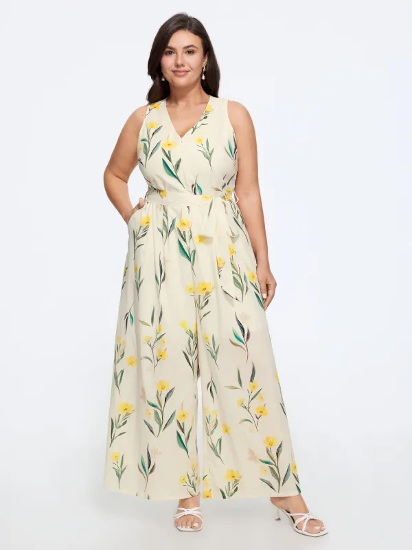 Floral Print Belted Sleeveless Wide Leg Jumpsuit made by Bloomchic
