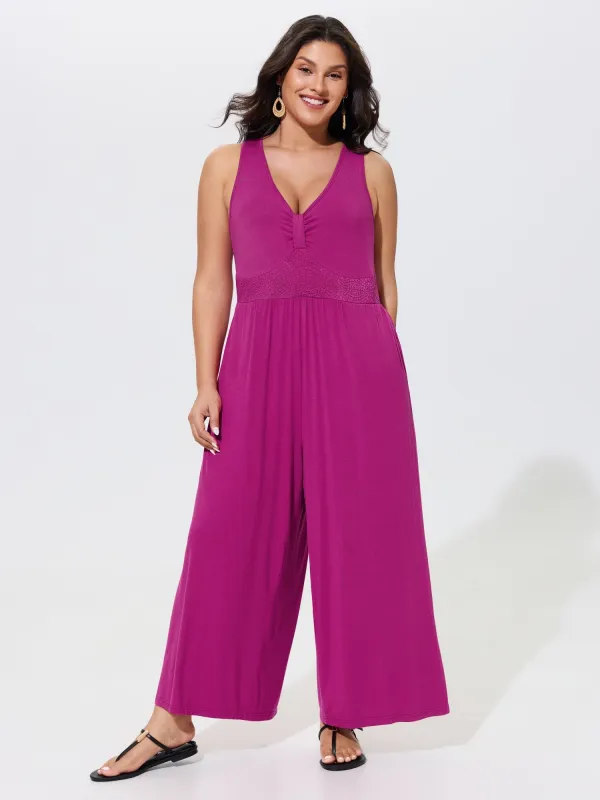 V‑Neck Front Ruched Lace Waist Sleeveless Jumpsuit made by Bloomchic