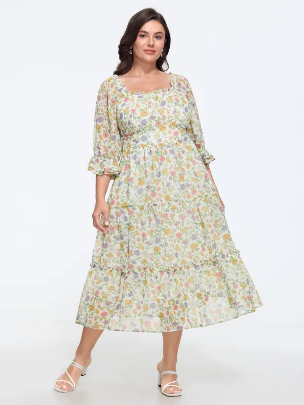 Floral Print Square Neck Ruffle Trim Tiered Midi Dress made by Bloomchic
