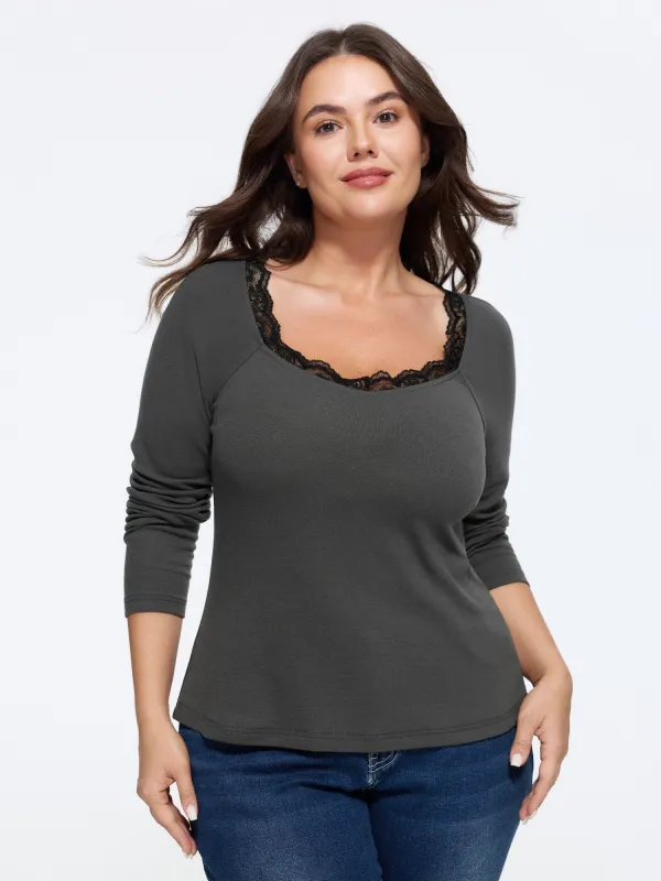 Stretchy Square Neck Lace Trim Long Sleeve T-Shirt made by Bloomchic