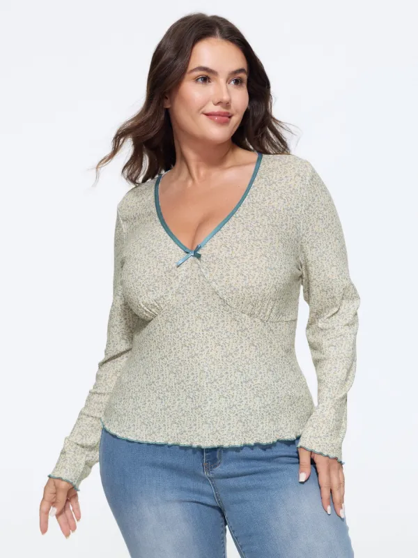 Ditsy Floral Print V‑Neck Satin Bow Detail T‑Shirt made by Bloomchic