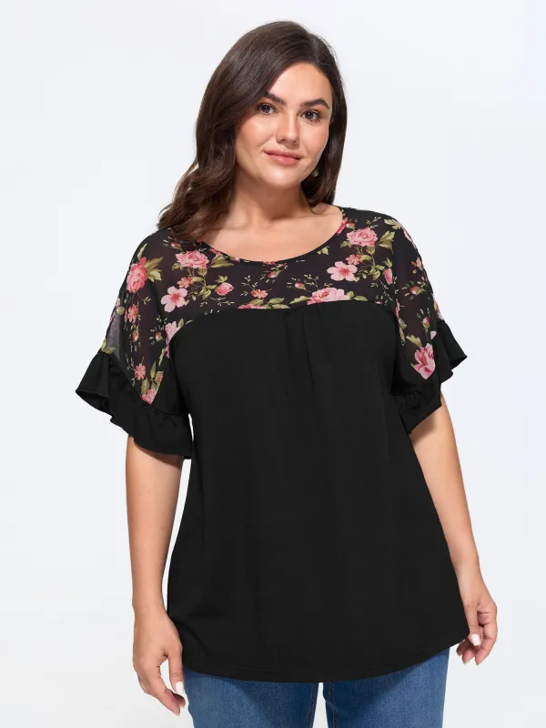 Supersoft Floral Print Ruffle Sleeve Patchwork Top made by Bloomchic