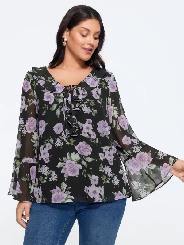 Floral Print Ruffle Trim Bell Long Sleeve Blouse made by Bloomchic