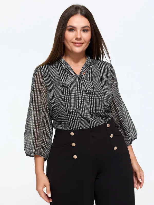 Plaid V‑Neck Bow Tie Front Blouse made by Bloomchic