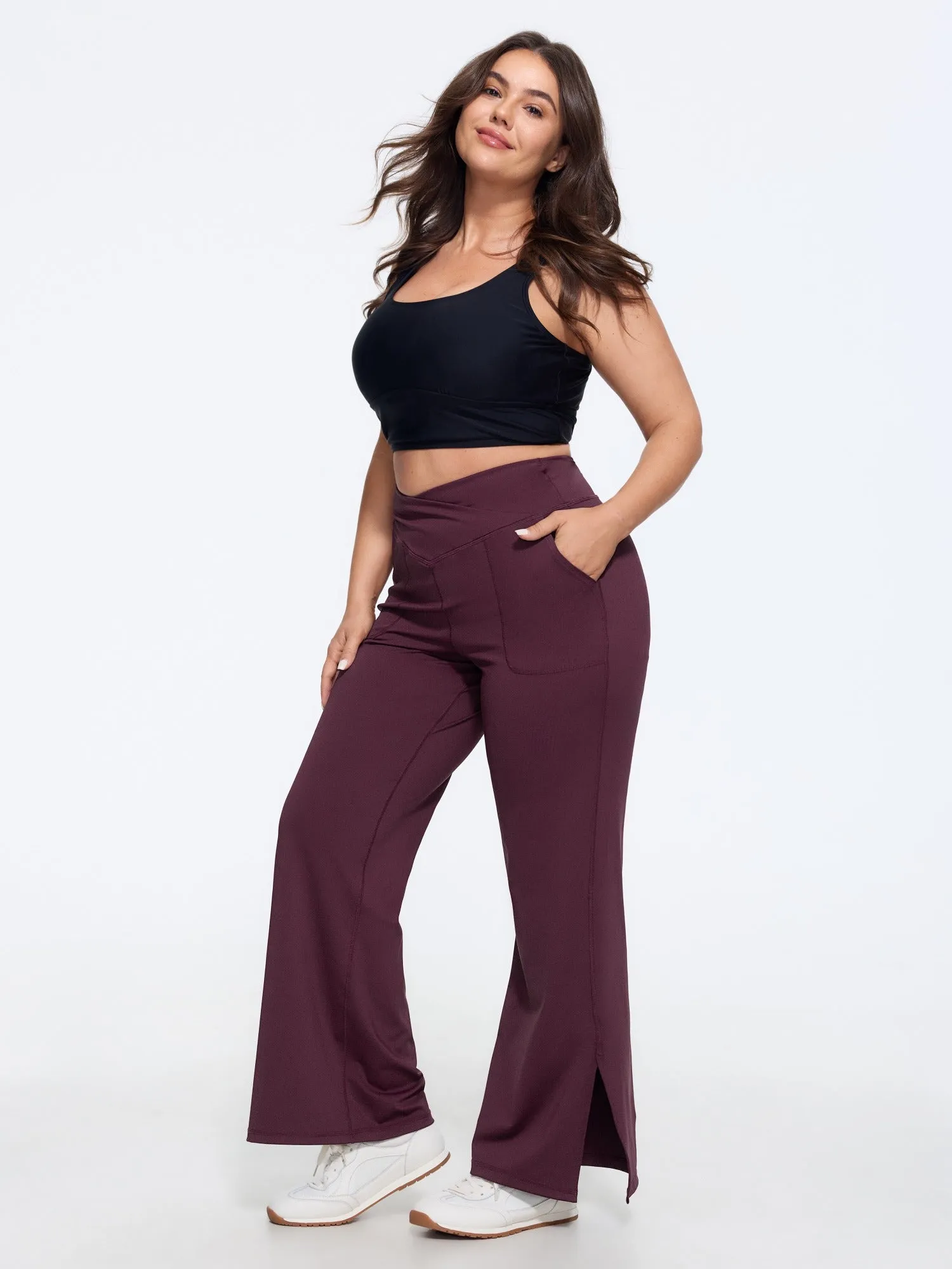 Stretch Crossover Waist Pocket Split Hem Leggings sold by Bloomchic product image thumbnail 2