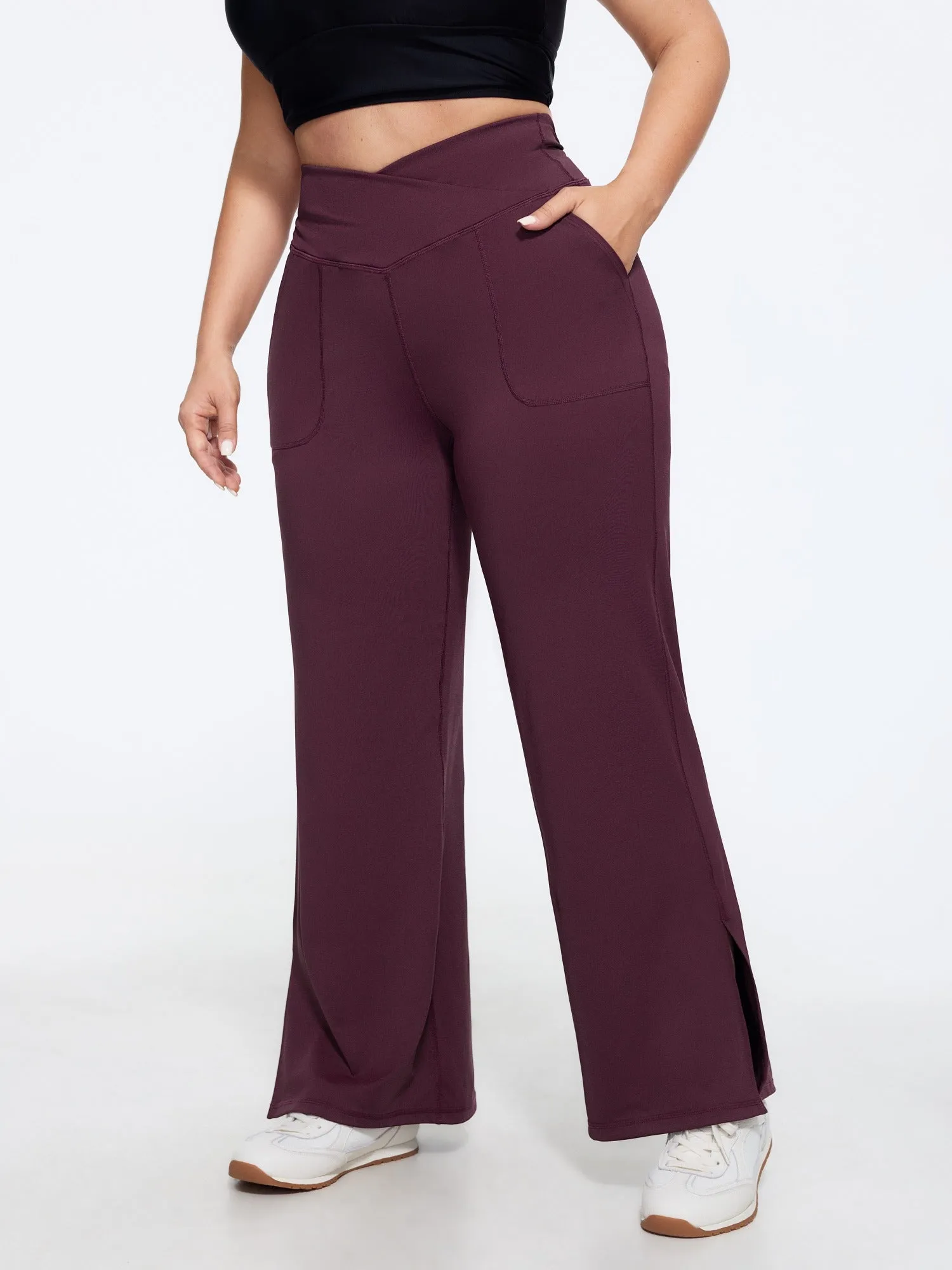 Stretch Crossover Waist Pocket Split Hem Leggings sold by Bloomchic