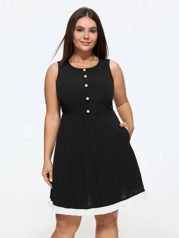 Round Neck Button Detail Ruffle Hem Mini Dress made by Bloomchic