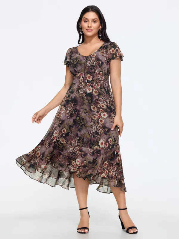 Floral Print High‑Low Hem Chiffon Midi Dress made by Bloomchic